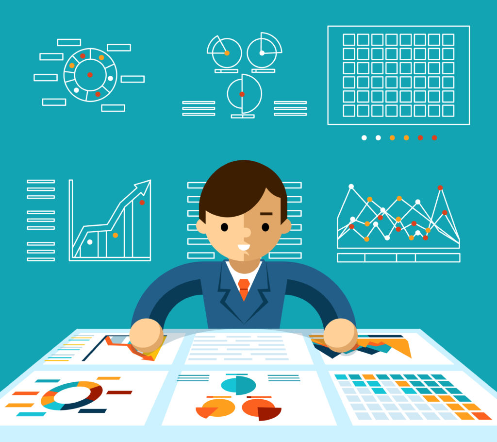Information analysis. Monitoring economy, manager and progress and productive, vector illustration